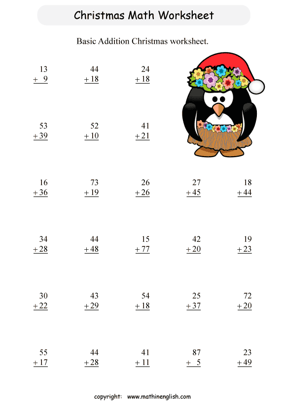 Christmas Addition Math Worksheets For First Grade