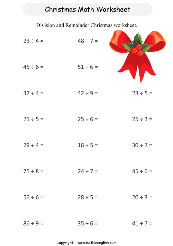 Printable Christmas Division worksheet For Grade 3