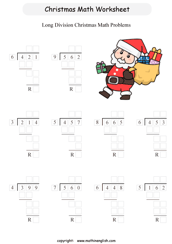 Printable Christmas Long Division Activity For 4th Graders