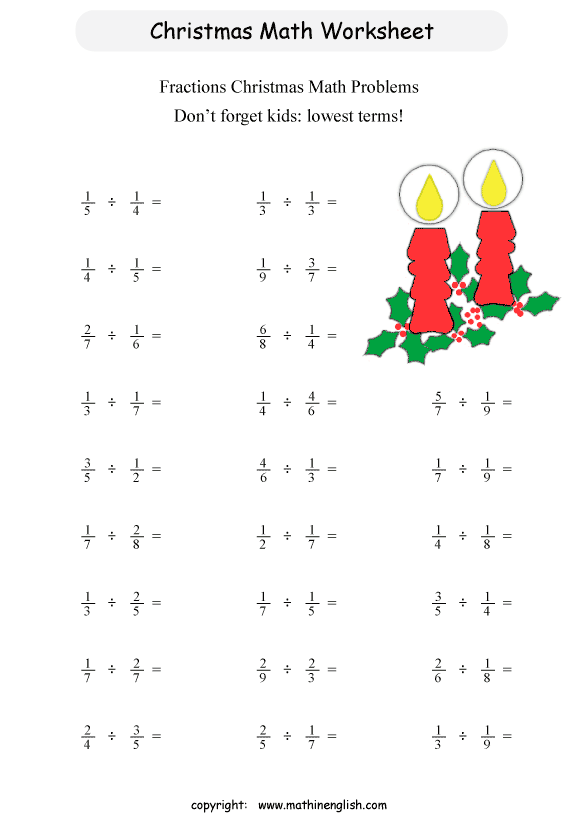 Printable Christmas Dividing Fractions Worksheet For Grade 6 Students 6th Grade Math Standards