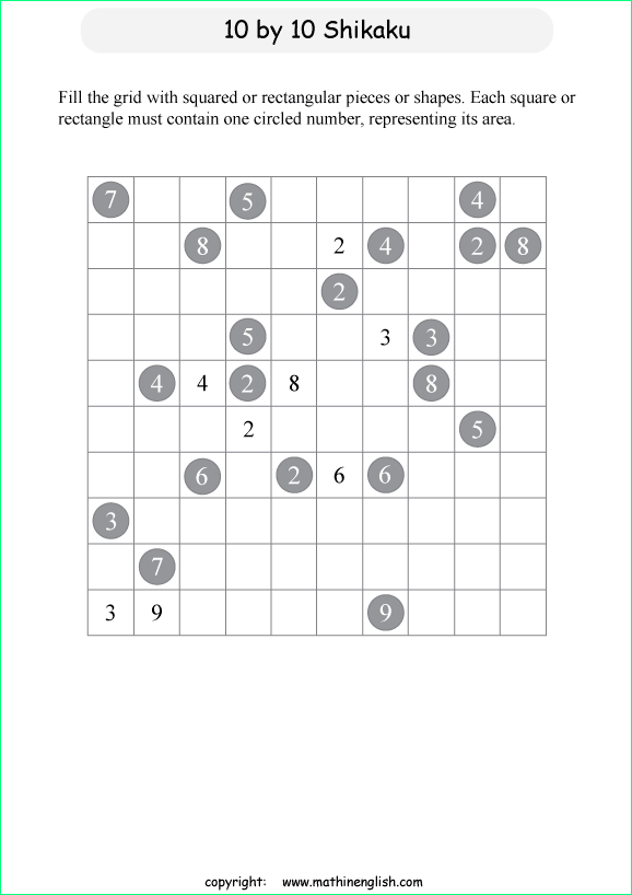 printable 10 by 10 Shikaku logic puzzle for kids