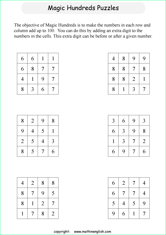 printable make 100 math calculation puzzle