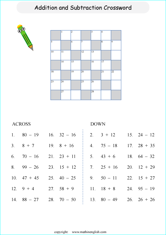 Mixed Addition And Subtraction Within 100 Crossword Puzzle 