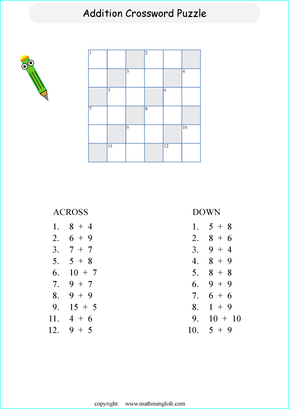 Addition And Subtraction Crossword Puzzle Worksheet