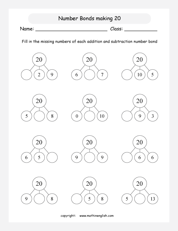 Maths Worksheets Ks1 Number Bonds To 20 Number Bonds To 20 Colouring Sheets K5