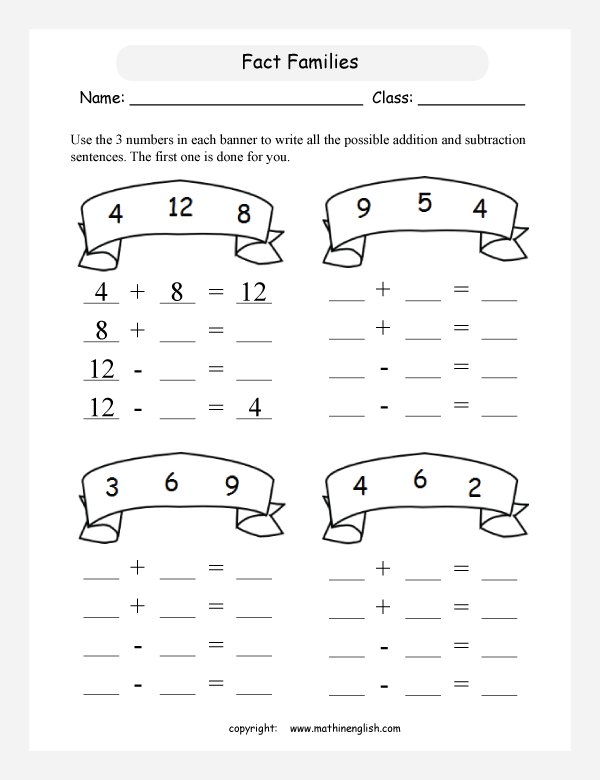 Fact Families Basic Addition And Subtraction Up To 20 Worksheet That 