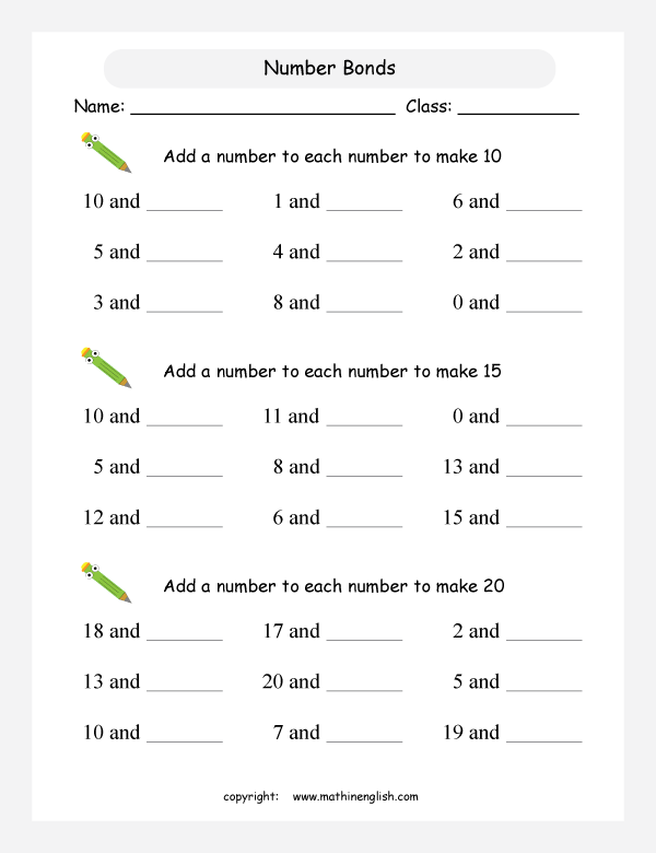 Find The Missing Addends To Make Sums Of 10 15 Or 20 Use Your Addition And Subtraction Skills