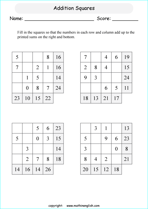 Addition Square Puzzles 1 Digit Addition 4 By 4 Addition Squares Great Puzzles To Enhance