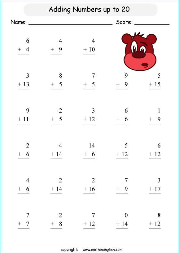 Add 2 Numbers Up To 20 Single Digit Addition Exercises For Grade 1 Math Students 