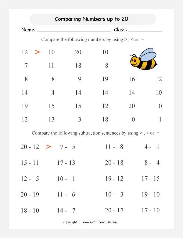 Compare numbers up to 20 using by using > ,