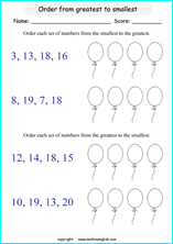 Printable mathematics comparing and ordering numbers worksheets for