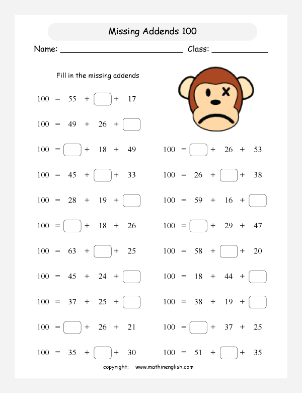 Fill In The Missing Addends Of 3 Addends Addition Problems With A Sum Of 100 