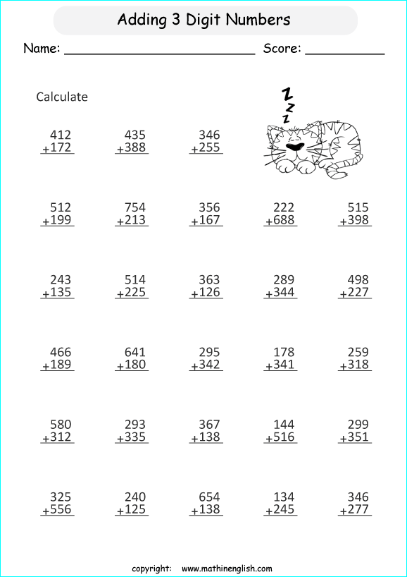 printable math addition 3 digits worksheets