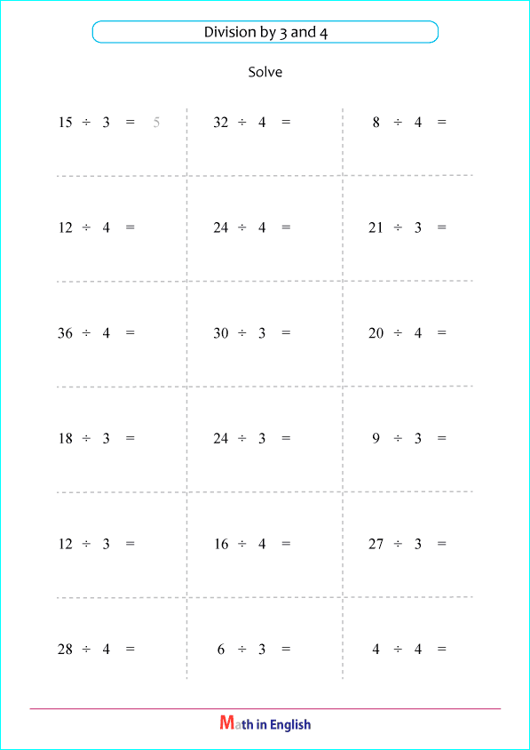division by 3 and 4 worksheet