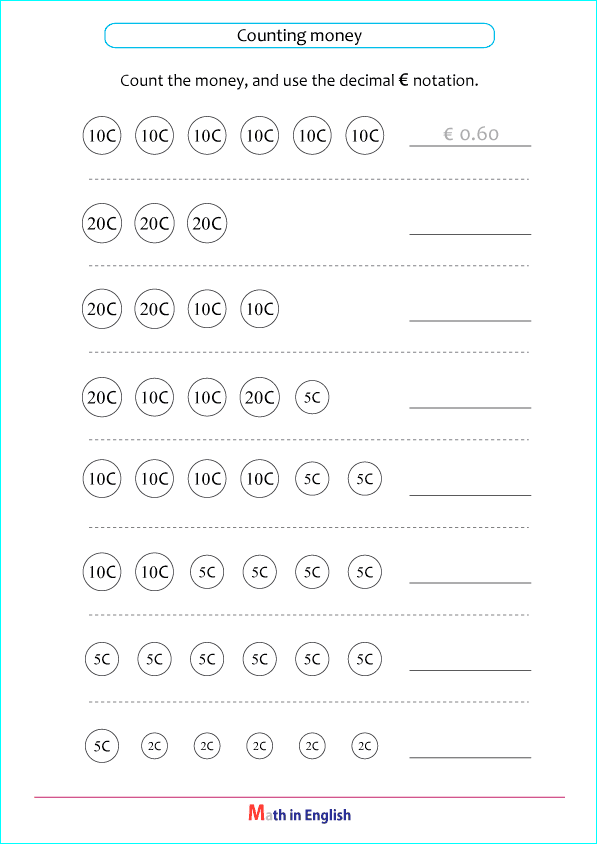 counting Euro coins worksheet