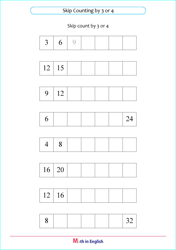 skip count by 3 and 4 multiplication worksheet
