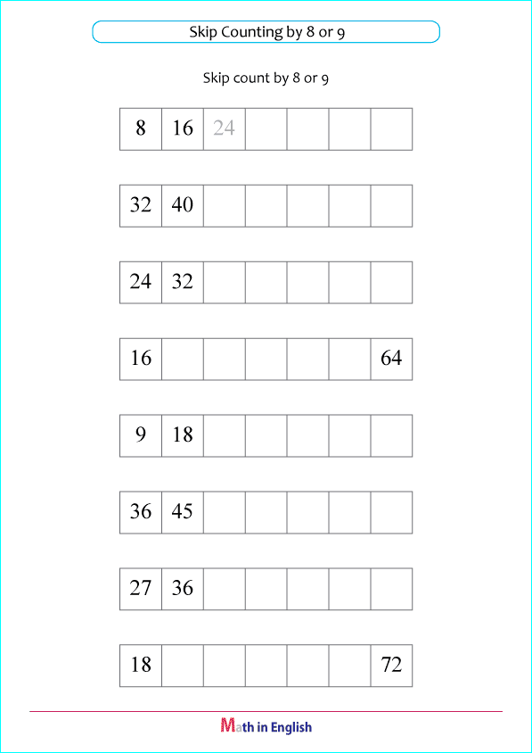 skip count by 8 and 9 multiplication worksheet