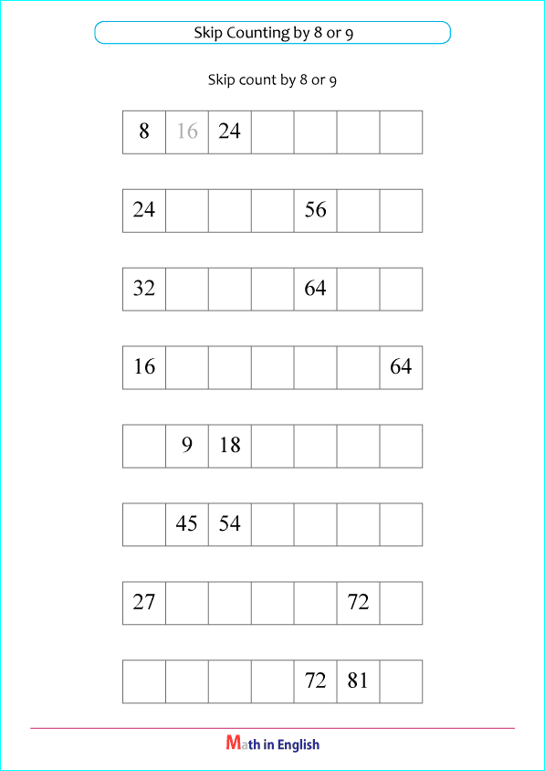skip count by 8 and 9 multiplication worksheet
