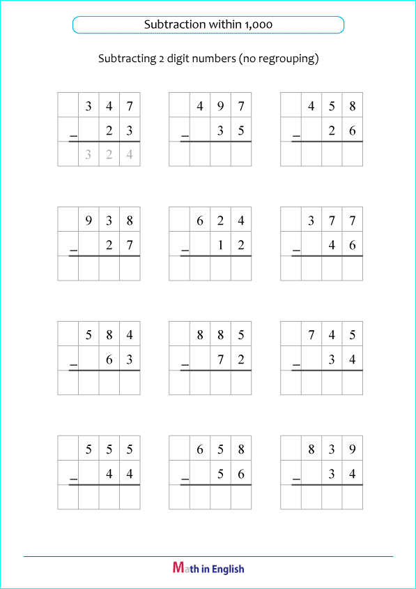 subtract 2 digit numbers from 3 digit numbers
