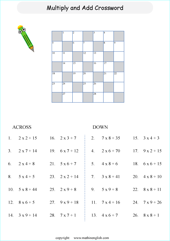 printable math multiplication crossword puzzle worksheets for kids in primary and elementary math class 