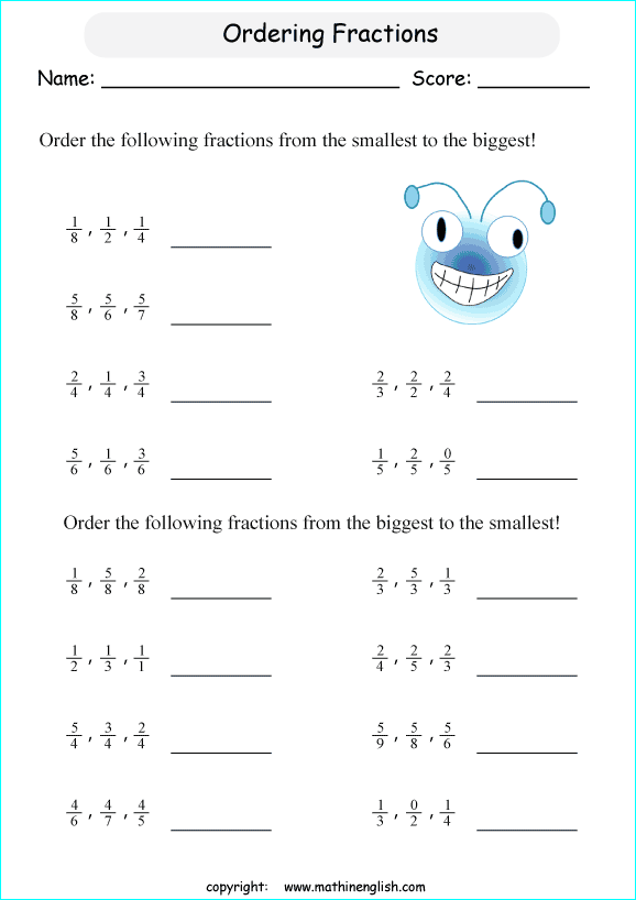 Order sets of basic fractions from bigger to smaller math class 2
