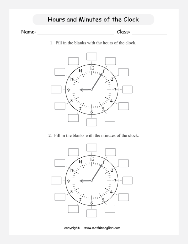 Fill in the minute and hour numbers on 2 clocks. Math time activity