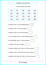 Hundreds, tens and ones place value worksheet