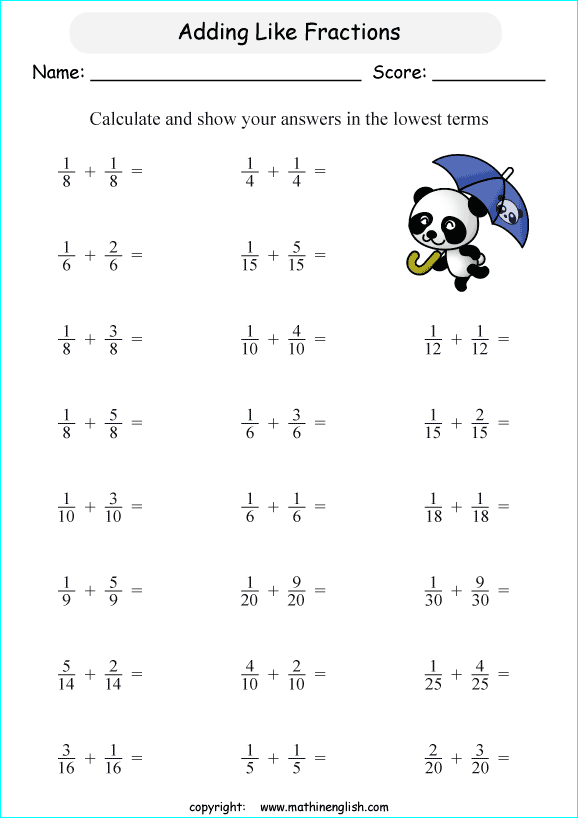 Add 2 like fractions and answer in the lowest possible terms. Grade 3