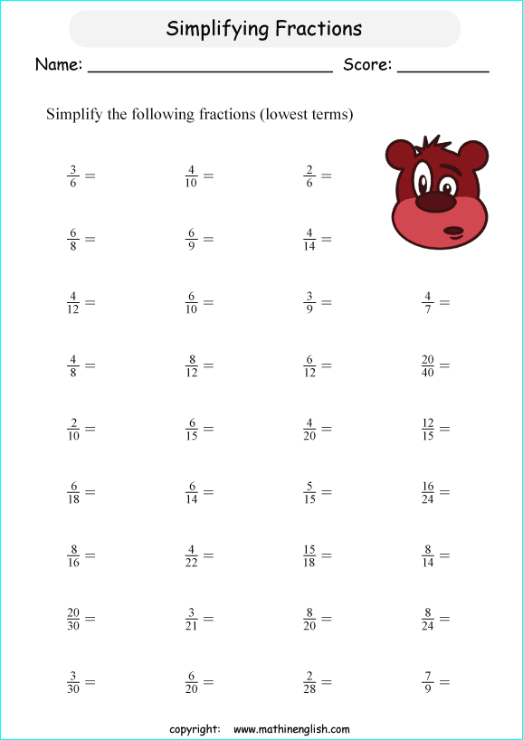 Simplify Basic Fractions To Their Lowest Term Grade 3 Math Fraction Worksheet With Fraction