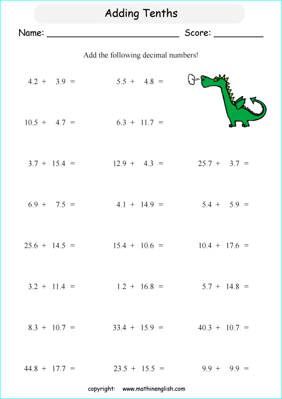 Addition Of Tenths Decimal Worksheet For Grade 4 Math Students Math Decimal Resource For