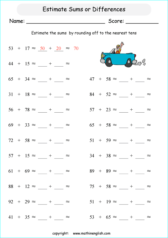Estimate the sum of 2 2 digit numbers up to 100. Grade 4 estimation and