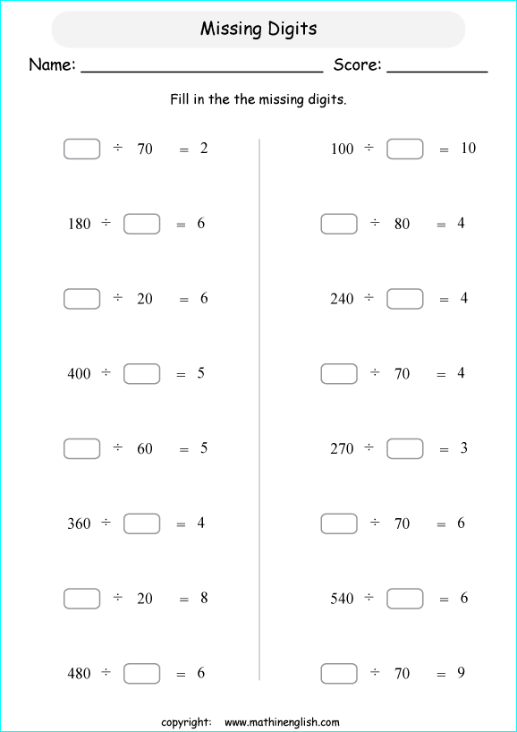 Find The Missing Numbers In These Grade 4 Math Division Worksheets Divide Numbers By Whole Tens