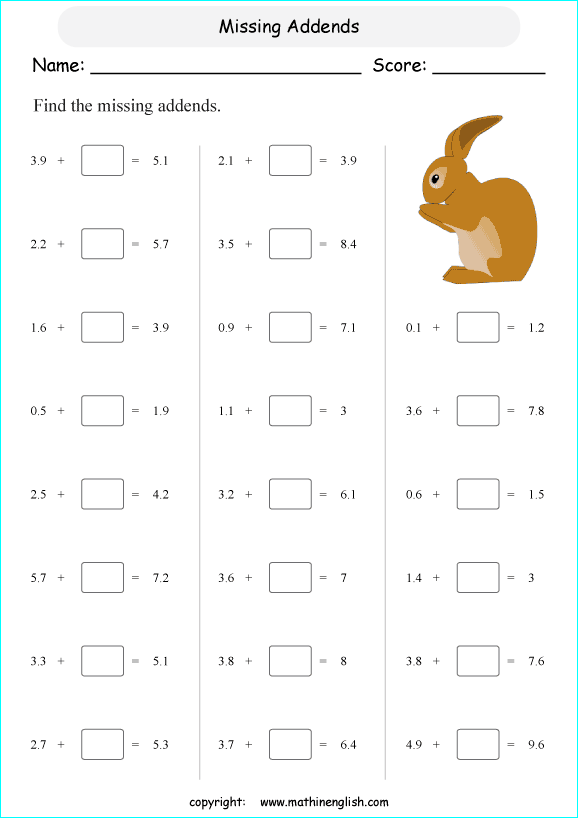 Add These Tenths And Find The Missing Addend Decimal Worksheet For Fourth Grade Math Class