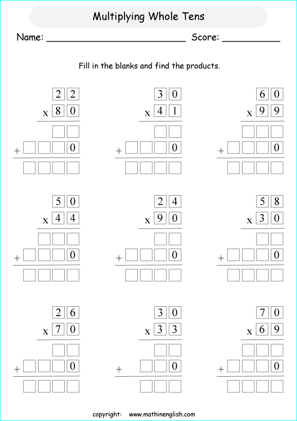 Multiply Whole Tens By 2 Digit Numbers Grade 4 Multiplication Exercises 