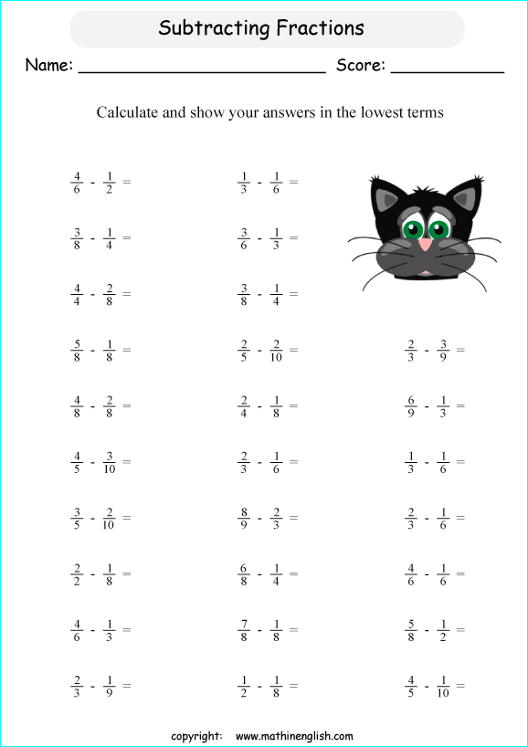 subtract-fractions-with-unlike-denominators-that-are-multiples-math-class-4-fraction-worksheet