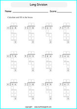 Printable long division worksheets and exercises for grade 4 and 5 math