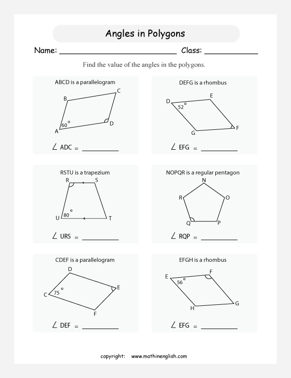 Math remedial geometry worksheet with unknown angles in shapes such as