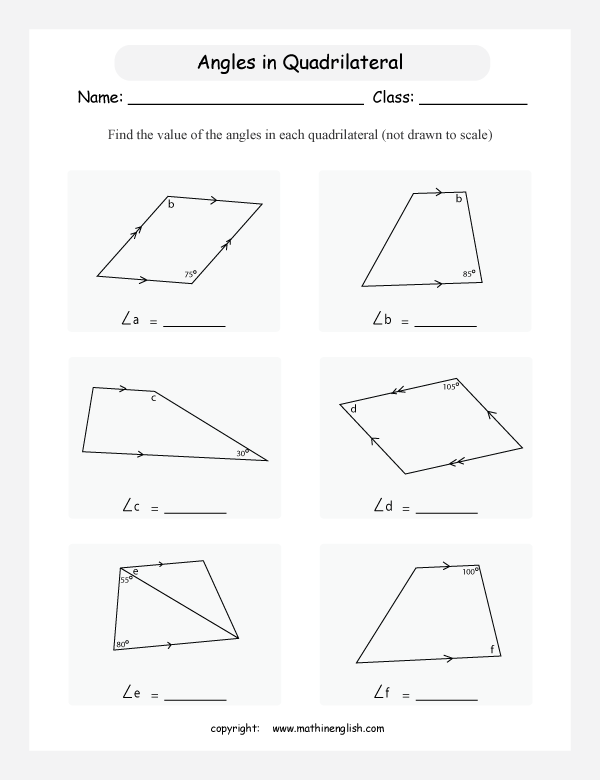Math geometry worksheet with unknown angles in 4 sided shapes such as