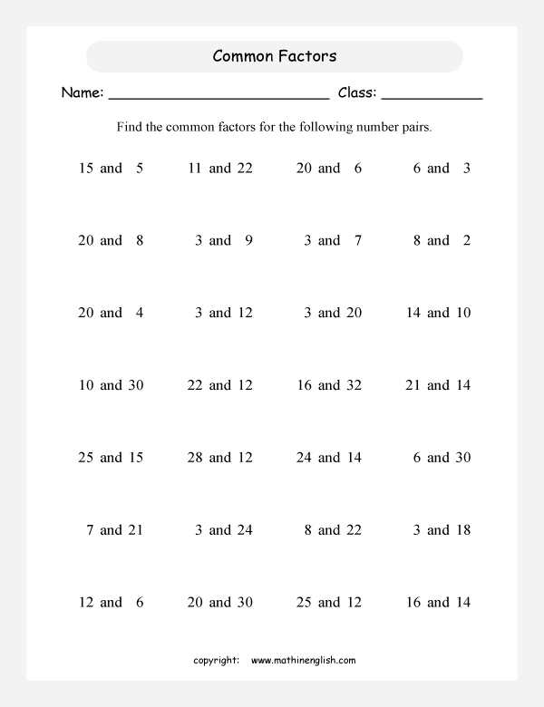 List all the common factors of 2 numbers up to 30. Great math