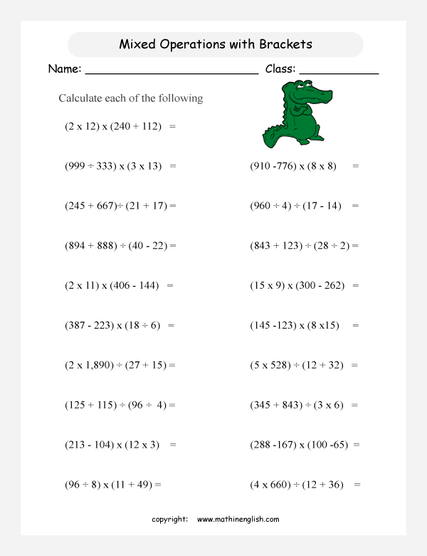 Grade 5 Addition Subtraction Division And Multiplication Worksheet With Double Brackets That