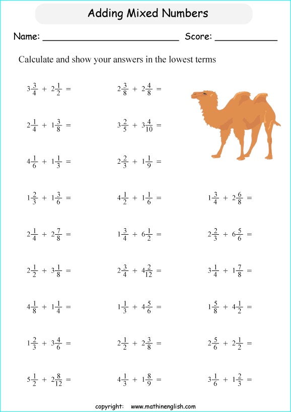 Addition Of 2 Mixed Numbers Class 6 Math Worksheet Challenging Math Exercises For Grade 5 Math