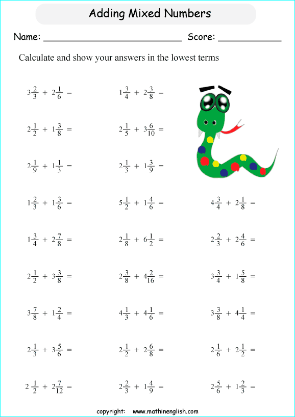Addition of 2 mixed numbers class 6 math worksheet. Challenging math
