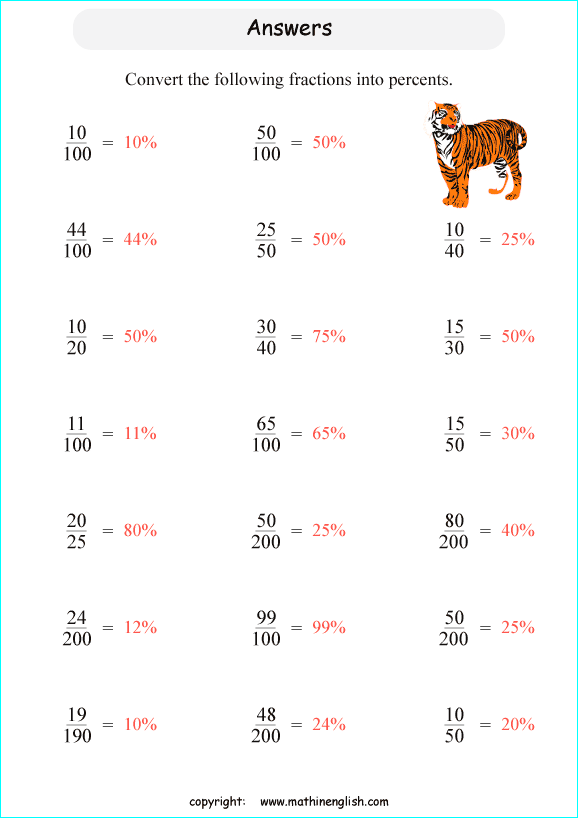 Convert These Basic Easier Fractions Into Percents Math Worksheet For Grade 5 Students Extra