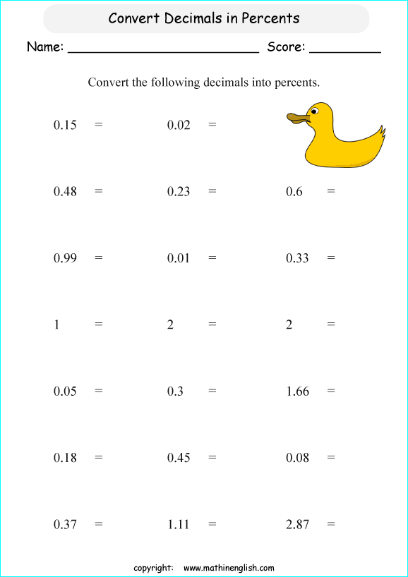 Convert these standard easier decimals in percents math worksheet. Good