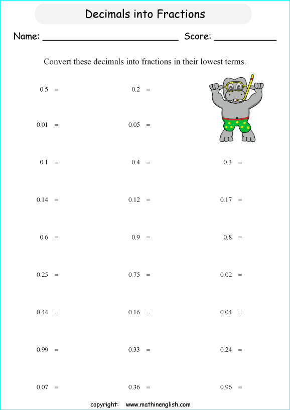 Convert these decimal numbers in fractions math worksheet for grade 5