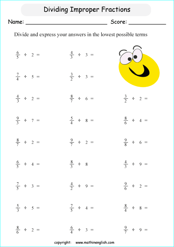 Divide Improper Fractions By Whole Number Math Fraction Worksheet For Grade 5 Math Students In
