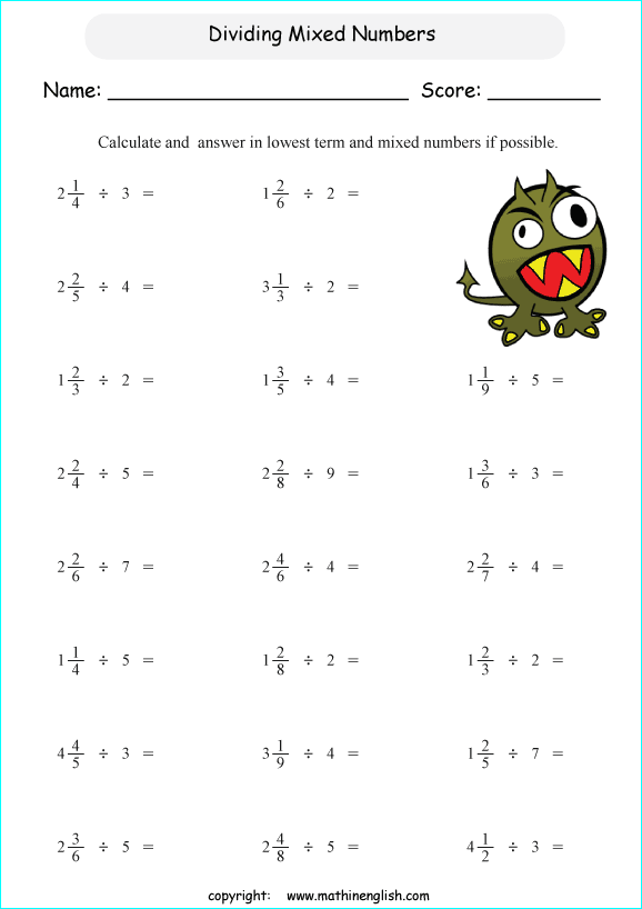 Divide mixed numbers by whole numbers math fraction worksheet for math