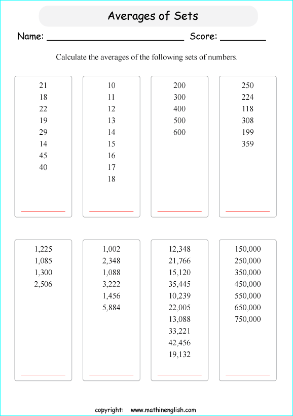 Calculate the average of these sets up to 8 numbers. Grade 5 math