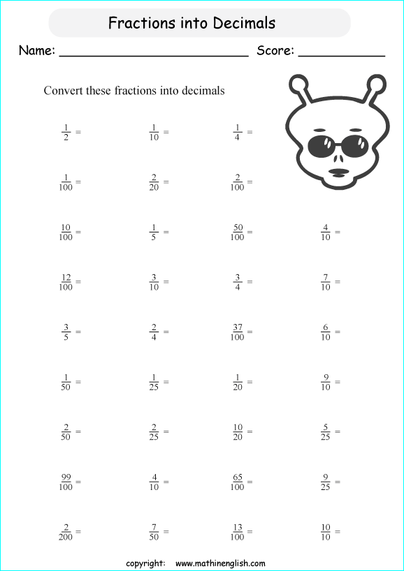 Convert fractions in decimals math worksheet (No rounding off). Grade 5