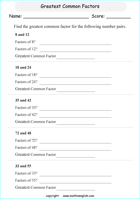 greatest common factor math worksheets for grade 1 to 6 